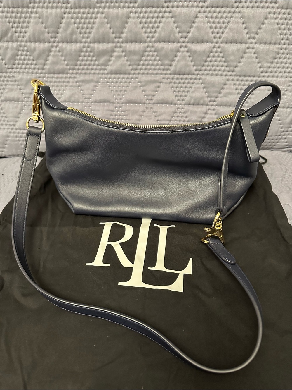 Ralph Lauren Navy Leather Crescent Shoulder Bag with Gold Hardware